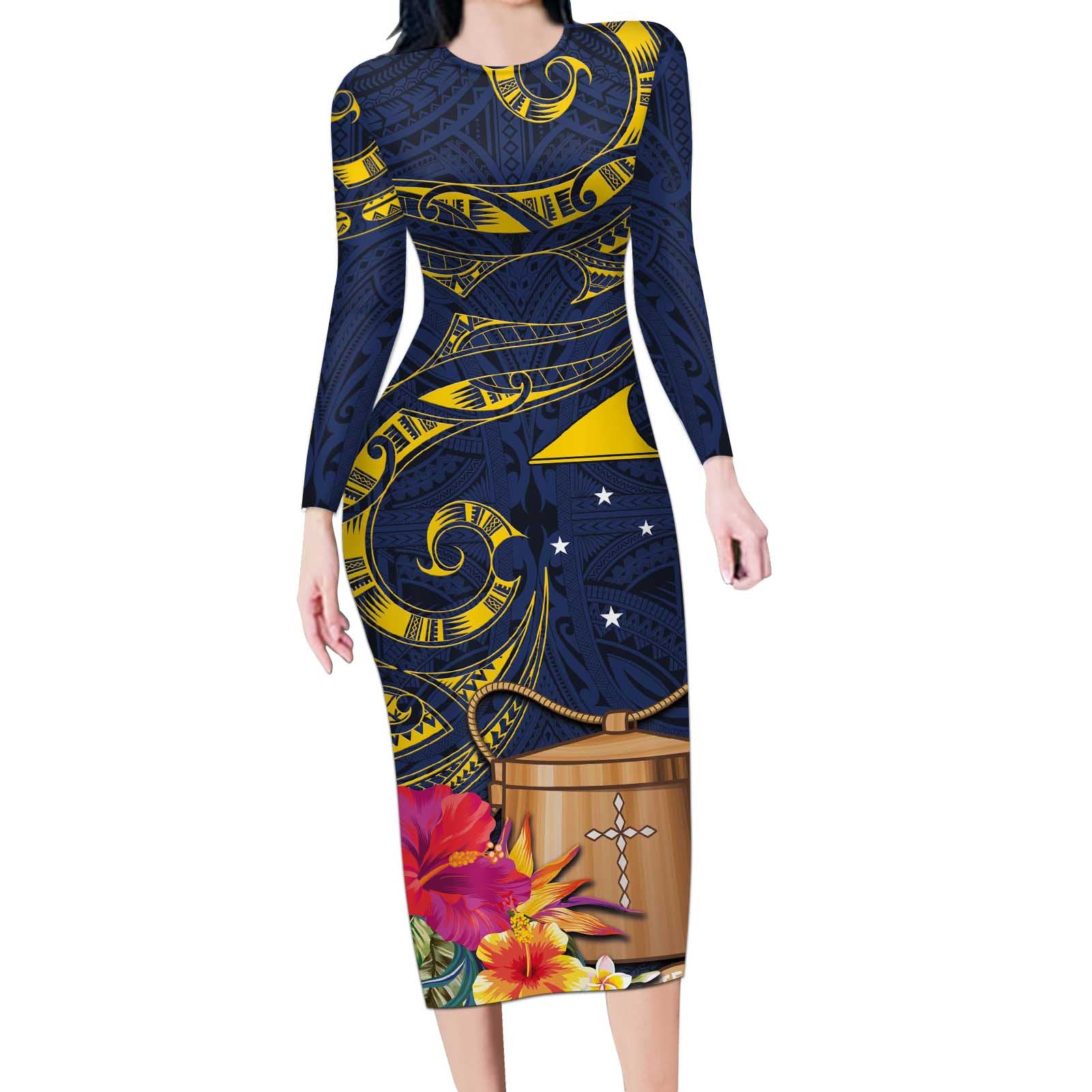 Tokelau Tokehega Day Long Sleeve Bodycon Dress Coat of Arms with Polynesian Tattoo and Hibiscus