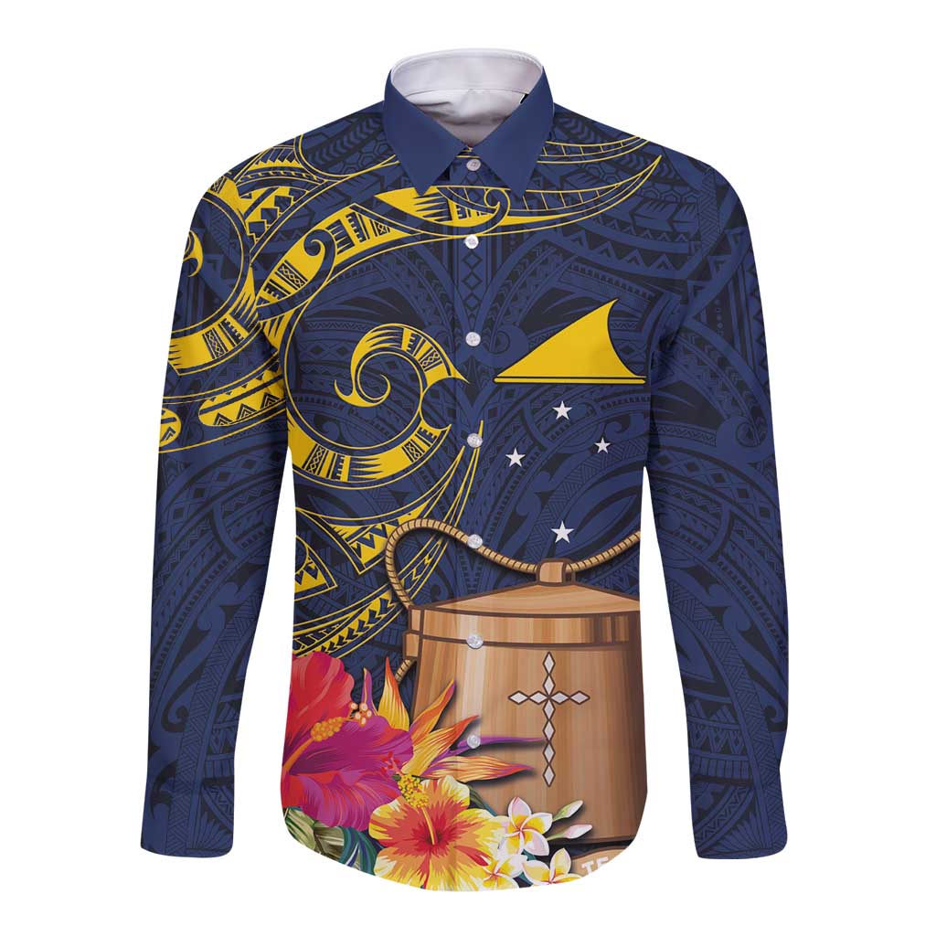 Tokelau Tokehega Day Long Sleeve Button Shirt Coat of Arms with Polynesian Tattoo and Hibiscus