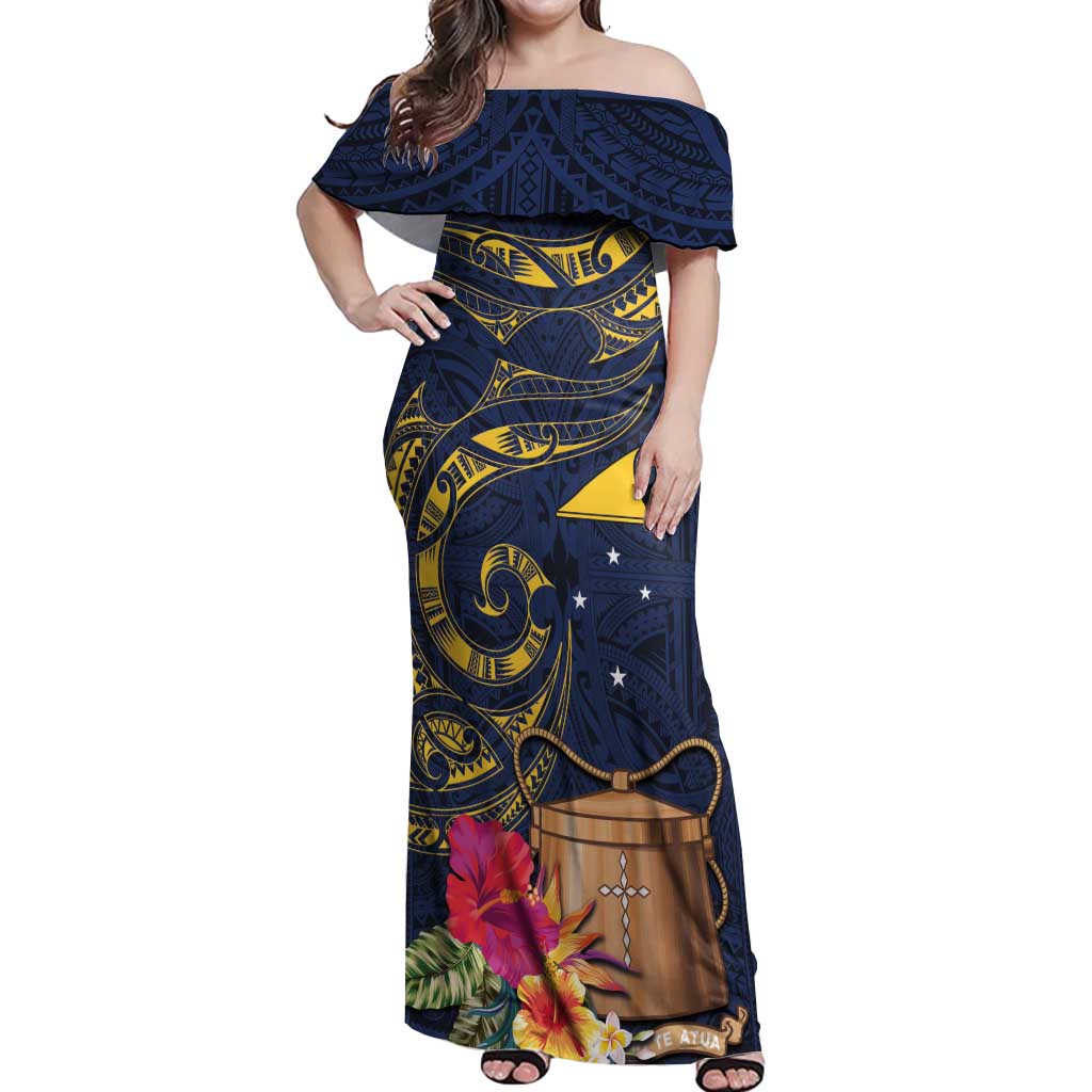 Tokelau Tokehega Day Off Shoulder Maxi Dress Coat of Arms with Polynesian Tattoo and Hibiscus