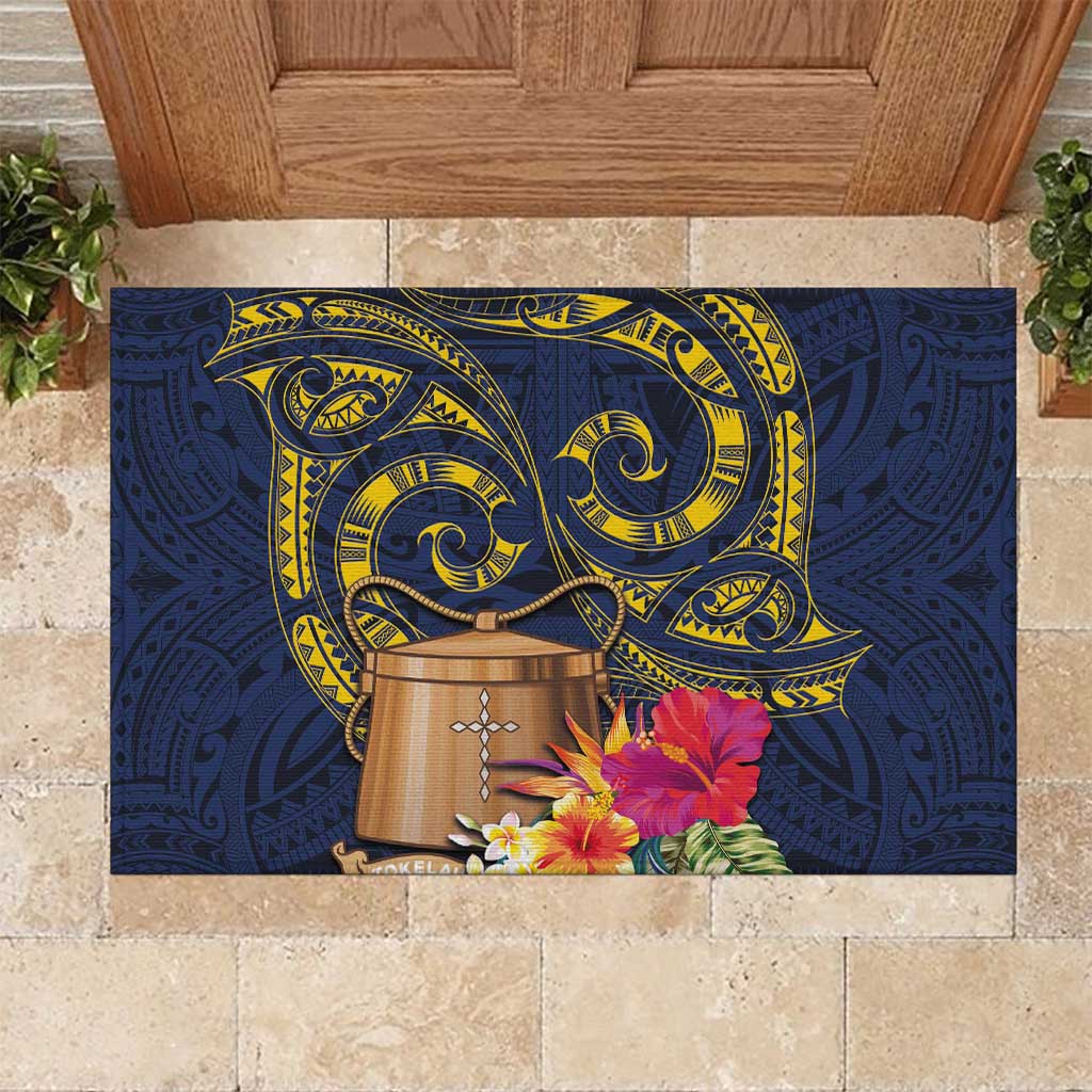 Tokelau Tokehega Day Rubber Doormat Coat of Arms with Polynesian Tattoo and Hibiscus