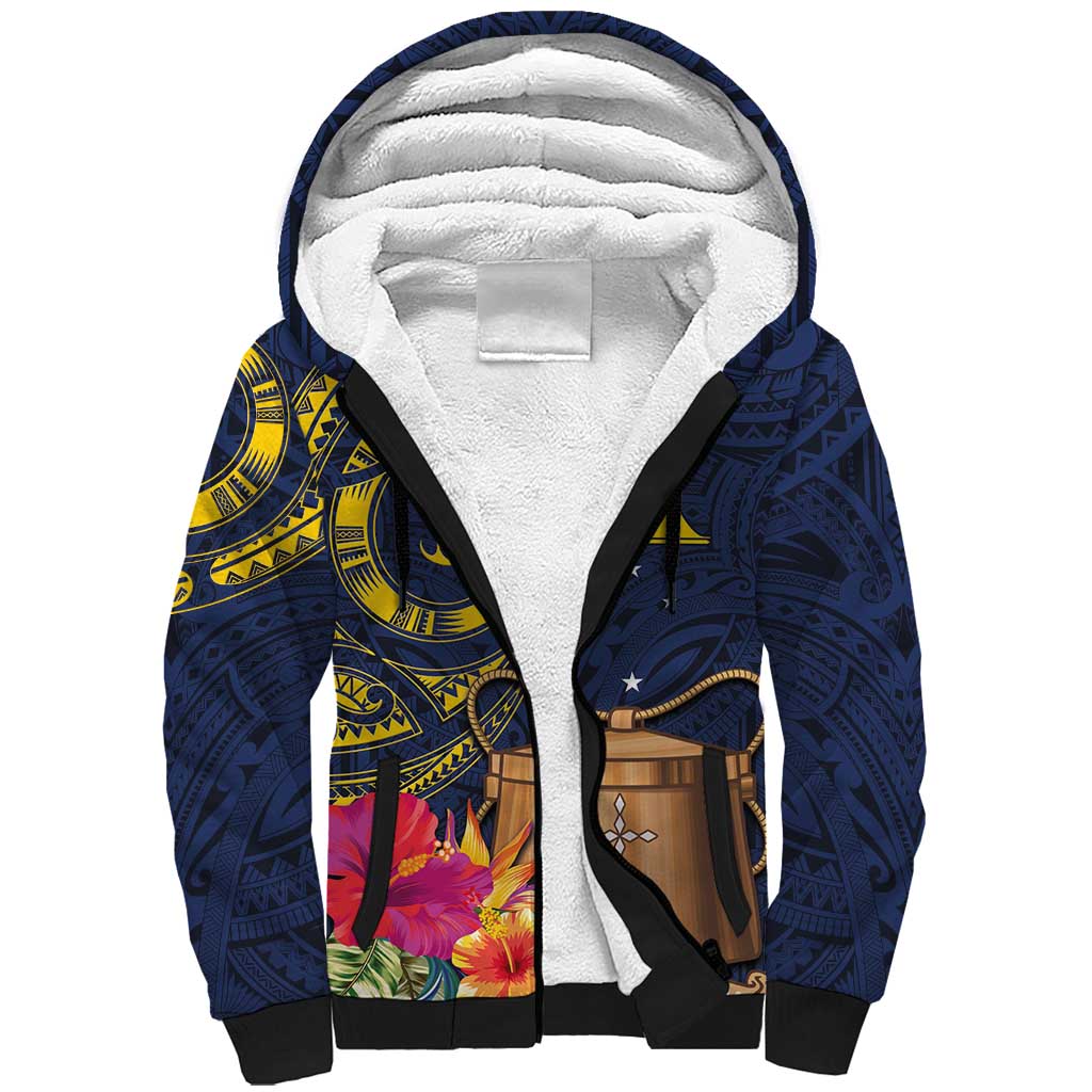 Tokelau Tokehega Day Sherpa Hoodie Coat of Arms with Polynesian Tattoo and Hibiscus