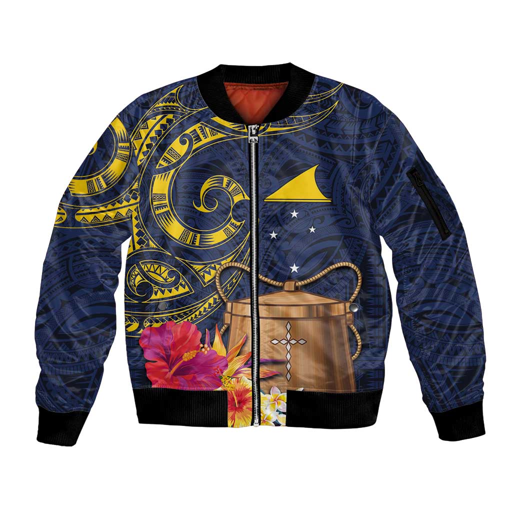 Tokelau Tokehega Day Sleeve Zip Bomber Jacket Coat of Arms with Polynesian Tattoo and Hibiscus