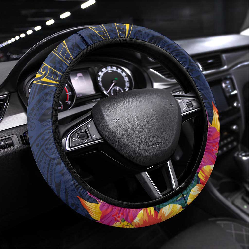 Tokelau Tokehega Day Steering Wheel Cover Coat of Arms with Polynesian Tattoo and Hibiscus