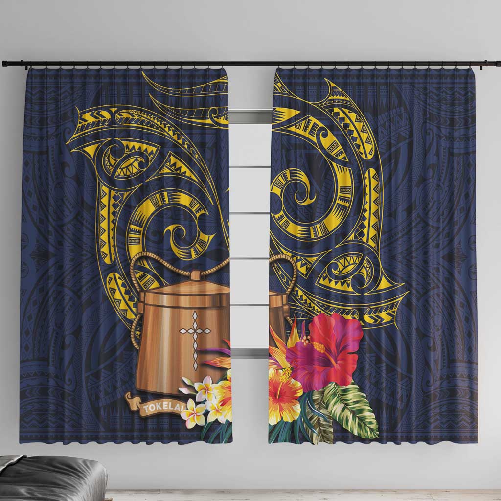 Tokelau Tokehega Day Window Curtain Coat of Arms with Polynesian Tattoo and Hibiscus LT03 With Hooks Blue - Polynesian Pride