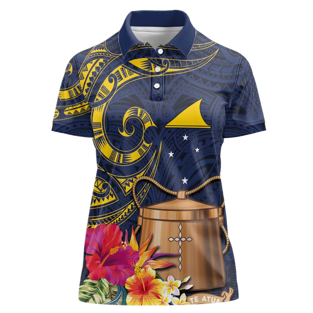 Tokelau Tokehega Day Women Polo Shirt Coat of Arms with Polynesian Tattoo and Hibiscus