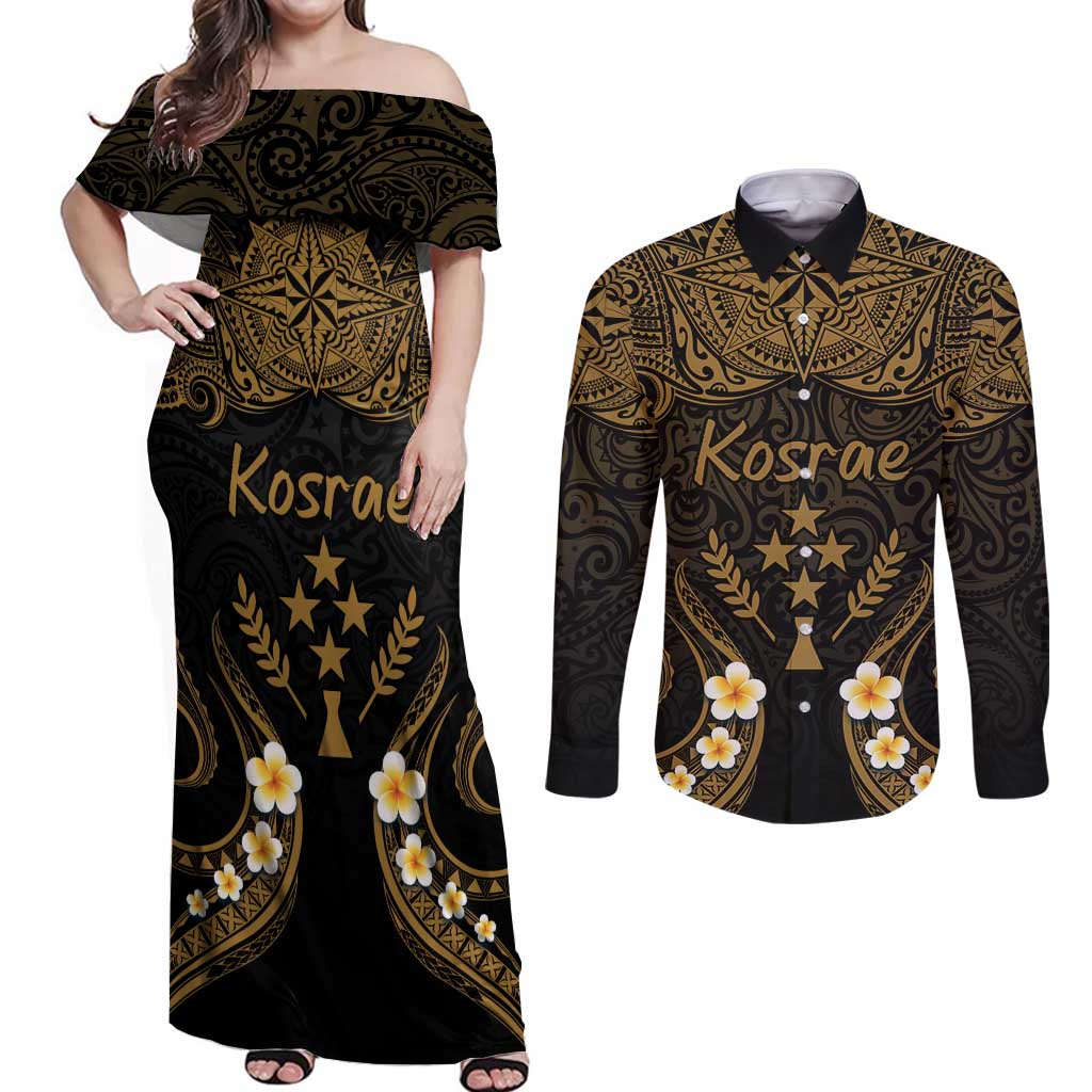 Personalised Kosrae Liberation Day Couples Matching Off Shoulder Maxi Dress and Long Sleeve Button Shirt Polynesian Tattoo and Plumeria Gold Color