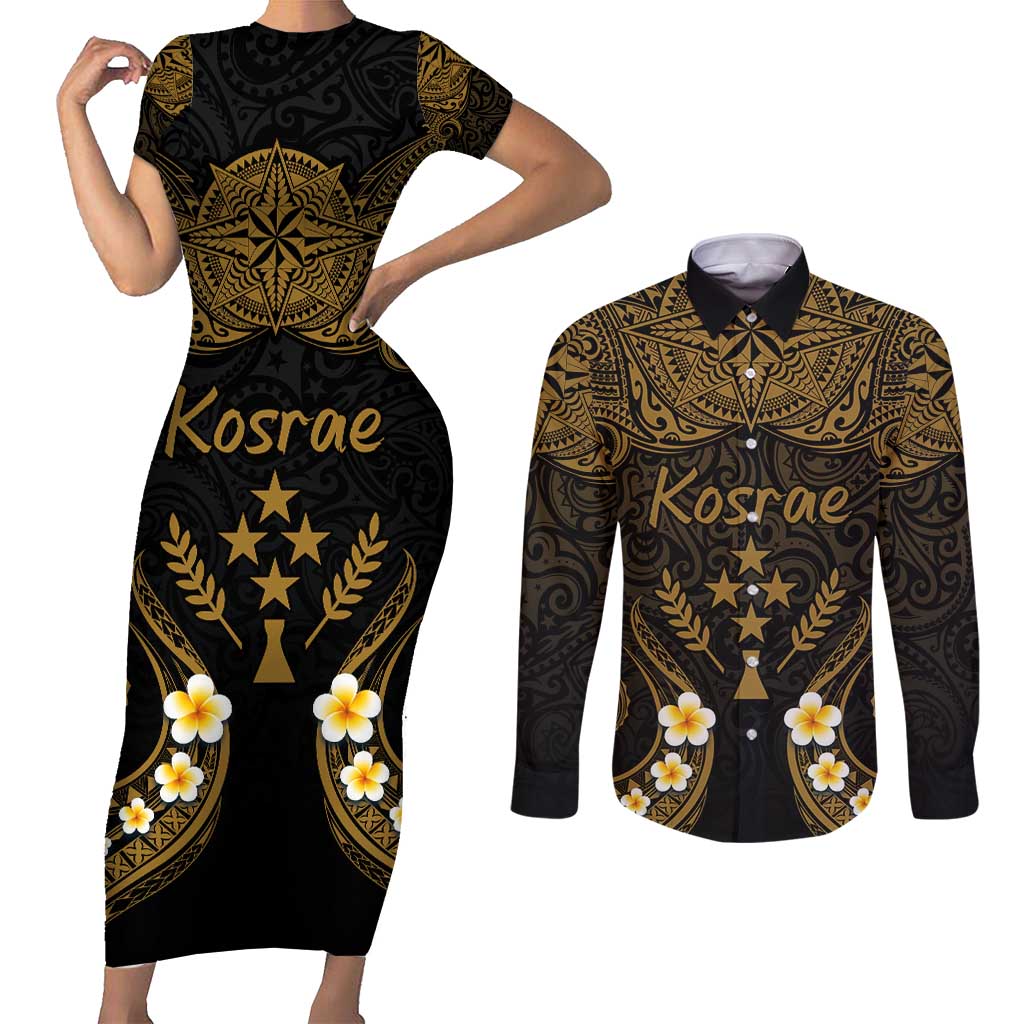 Personalised Kosrae Liberation Day Couples Matching Short Sleeve Bodycon Dress and Long Sleeve Button Shirt Polynesian Tattoo and Plumeria Gold Color