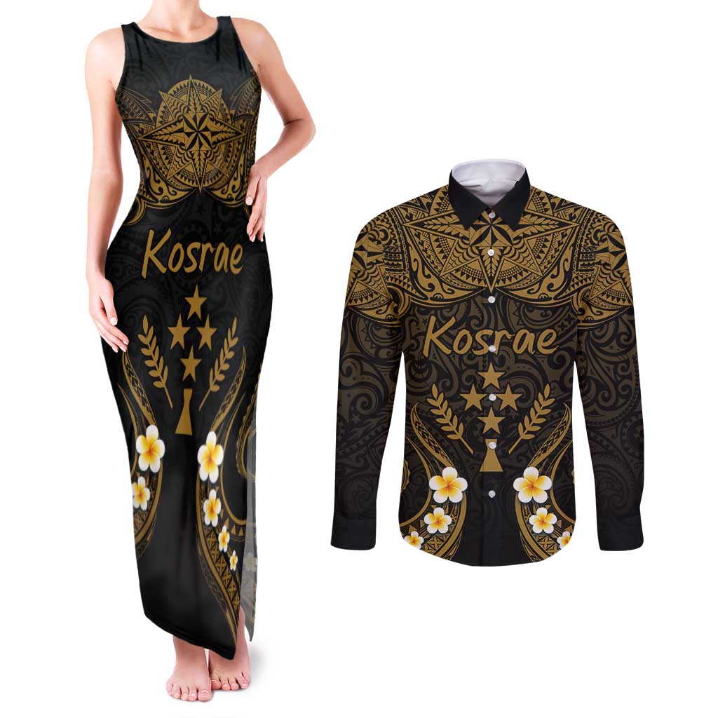 Personalised Kosrae Liberation Day Couples Matching Tank Maxi Dress and Long Sleeve Button Shirt Polynesian Tattoo and Plumeria Gold Color