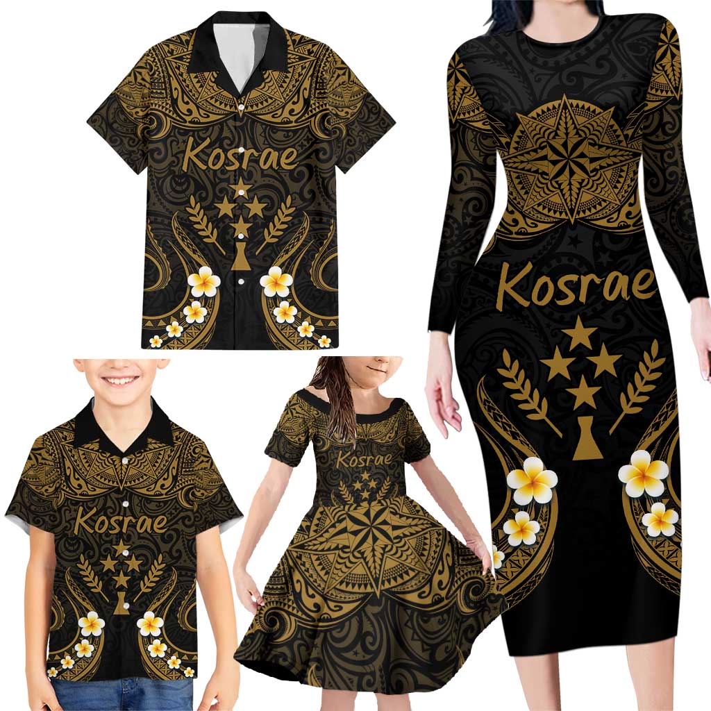 Personalised Kosrae Liberation Day Family Matching Long Sleeve Bodycon Dress and Hawaiian Shirt Polynesian Tattoo and Plumeria Gold Color