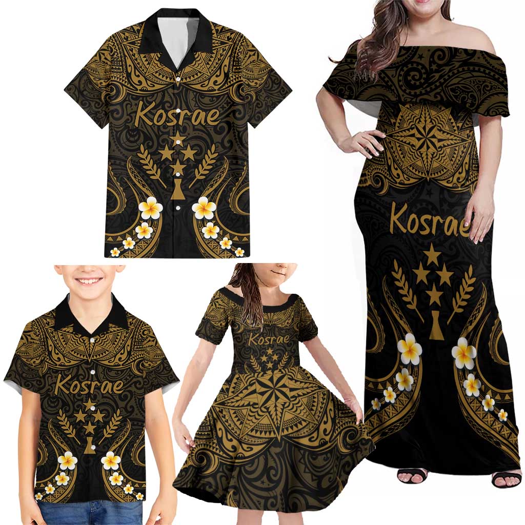 Personalised Kosrae Liberation Day Family Matching Off Shoulder Maxi Dress and Hawaiian Shirt Polynesian Tattoo and Plumeria Gold Color