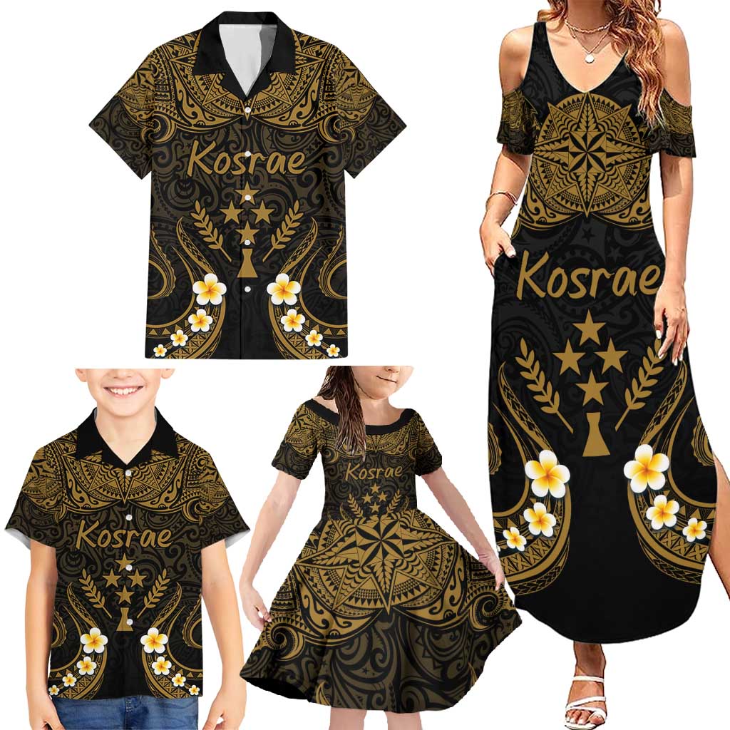 Personalised Kosrae Liberation Day Family Matching Summer Maxi Dress and Hawaiian Shirt Polynesian Tattoo and Plumeria Gold Color