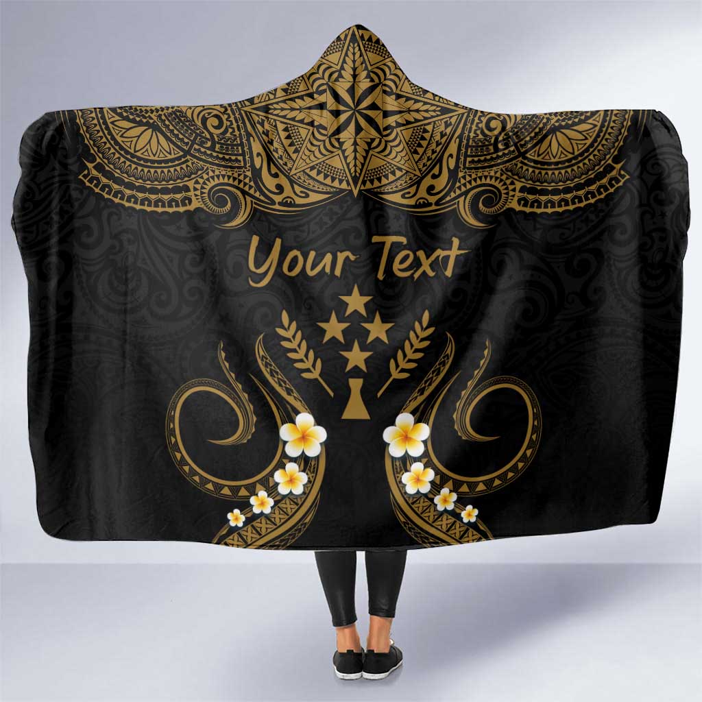 Personalised Kosrae Liberation Day Hooded Blanket Polynesian Tattoo and Plumeria Gold Color