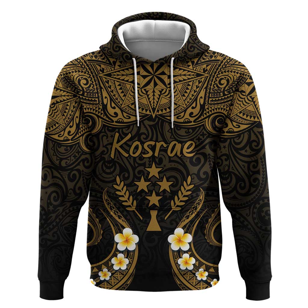 Personalised Kosrae Liberation Day Hoodie Polynesian Tattoo and Plumeria Gold Color