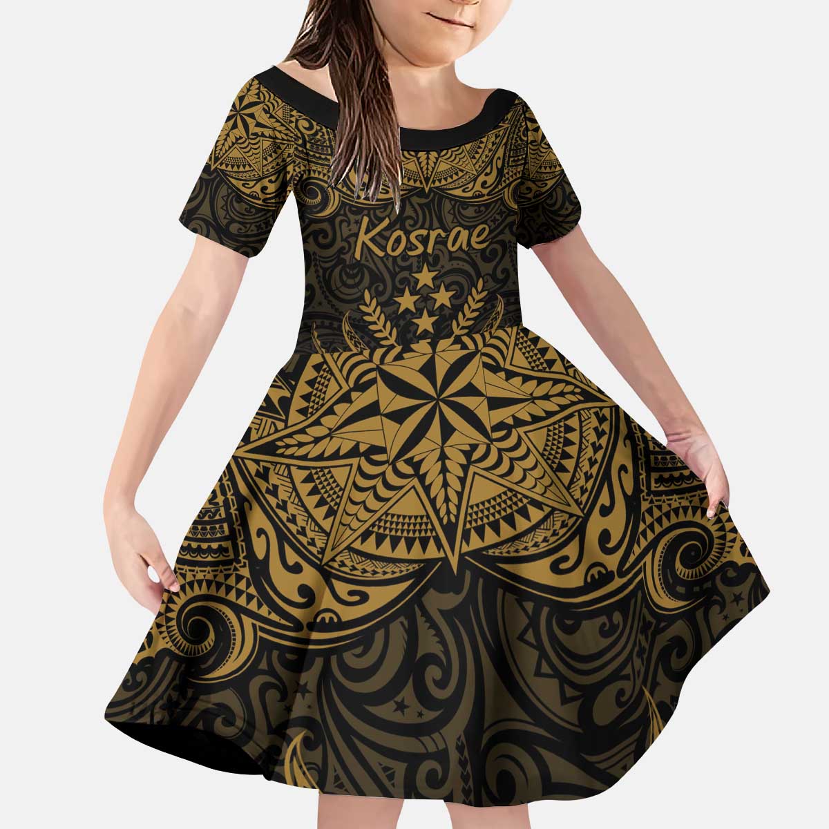 Personalised Kosrae Liberation Day Kid Short Sleeve Dress Polynesian Tattoo and Plumeria Gold Color