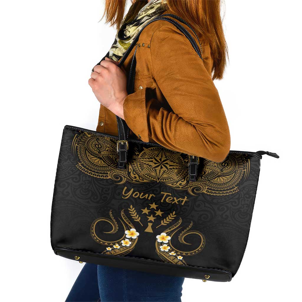 Personalised Kosrae Liberation Day Leather Tote Bag Polynesian Tattoo and Plumeria Gold Color LT03 Gold - Polynesian Pride