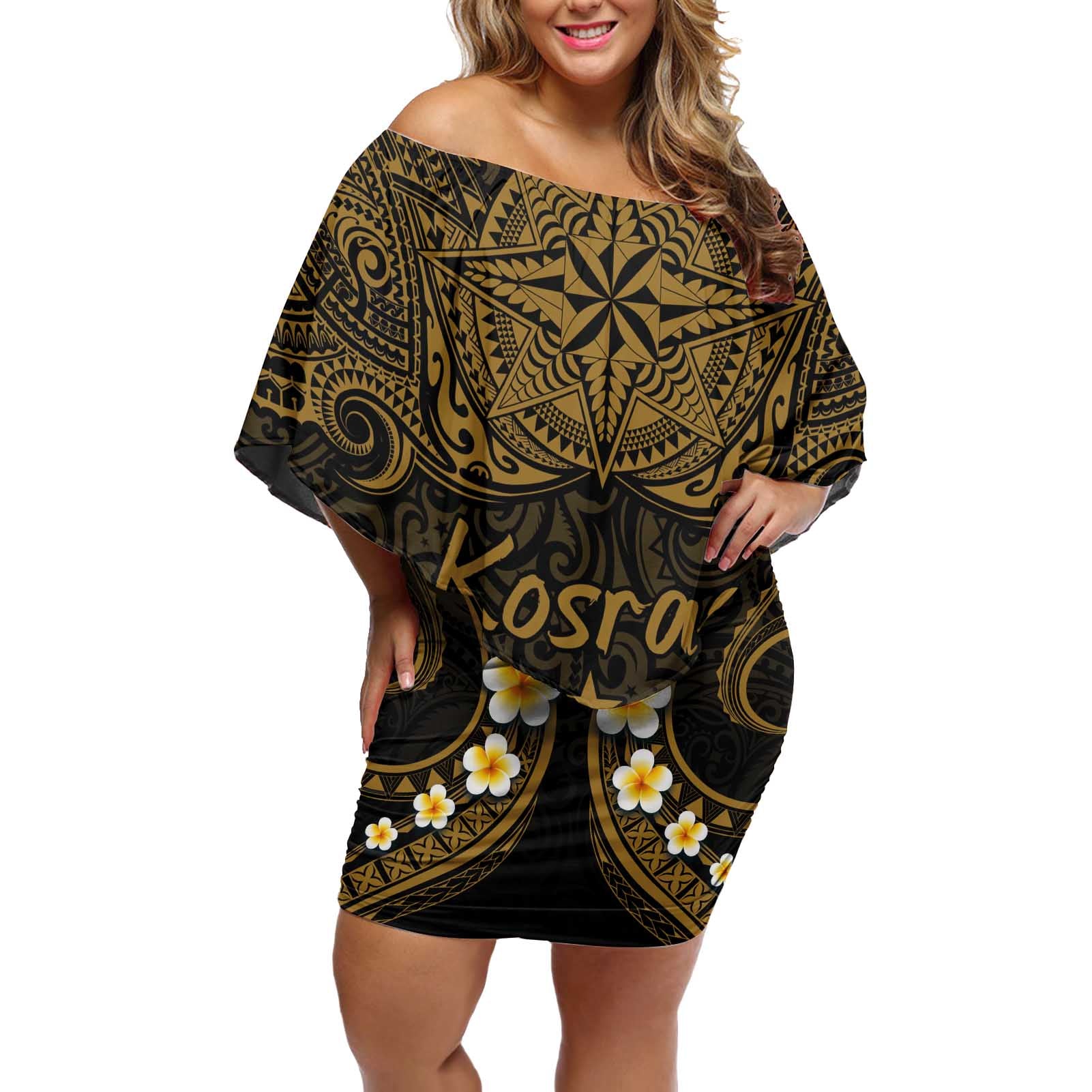 Personalised Kosrae Liberation Day Off Shoulder Short Dress Polynesian Tattoo and Plumeria Gold Color