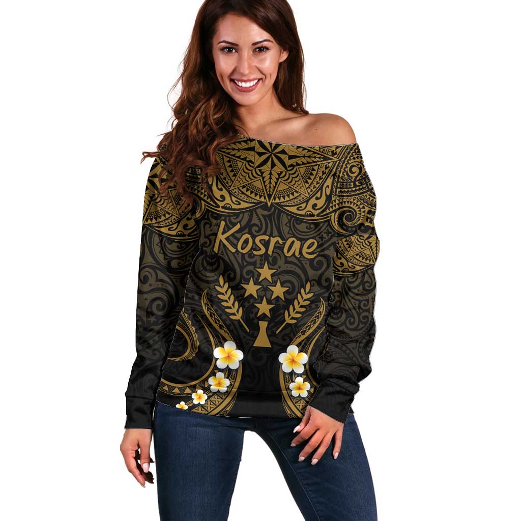 Personalised Kosrae Liberation Day Off Shoulder Sweater Polynesian Tattoo and Plumeria Gold Color LT03 Women Gold - Polynesian Pride