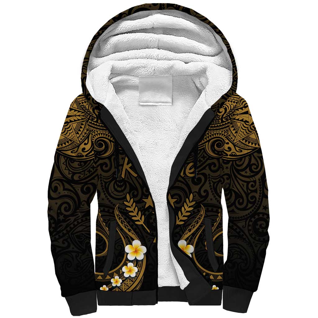 Personalised Kosrae Liberation Day Sherpa Hoodie Polynesian Tattoo and Plumeria Gold Color