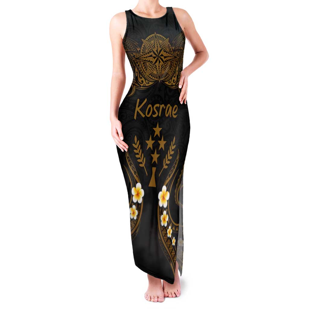 Personalised Kosrae Liberation Day Tank Maxi Dress Polynesian Tattoo and Plumeria Gold Color