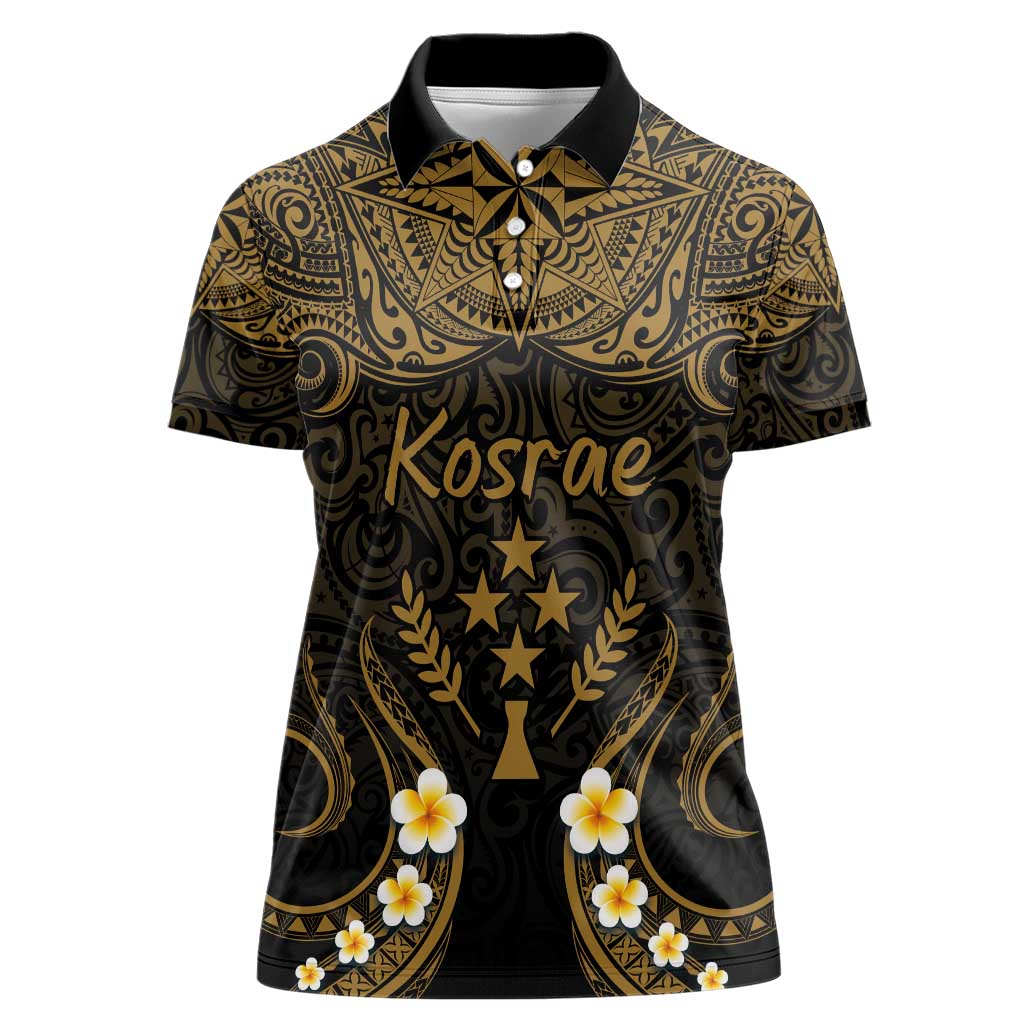 Personalised Kosrae Liberation Day Women Polo Shirt Polynesian Tattoo and Plumeria Gold Color