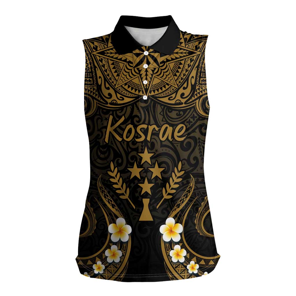 Personalised Kosrae Liberation Day Women Sleeveless Polo Shirt Polynesian Tattoo and Plumeria Gold Color