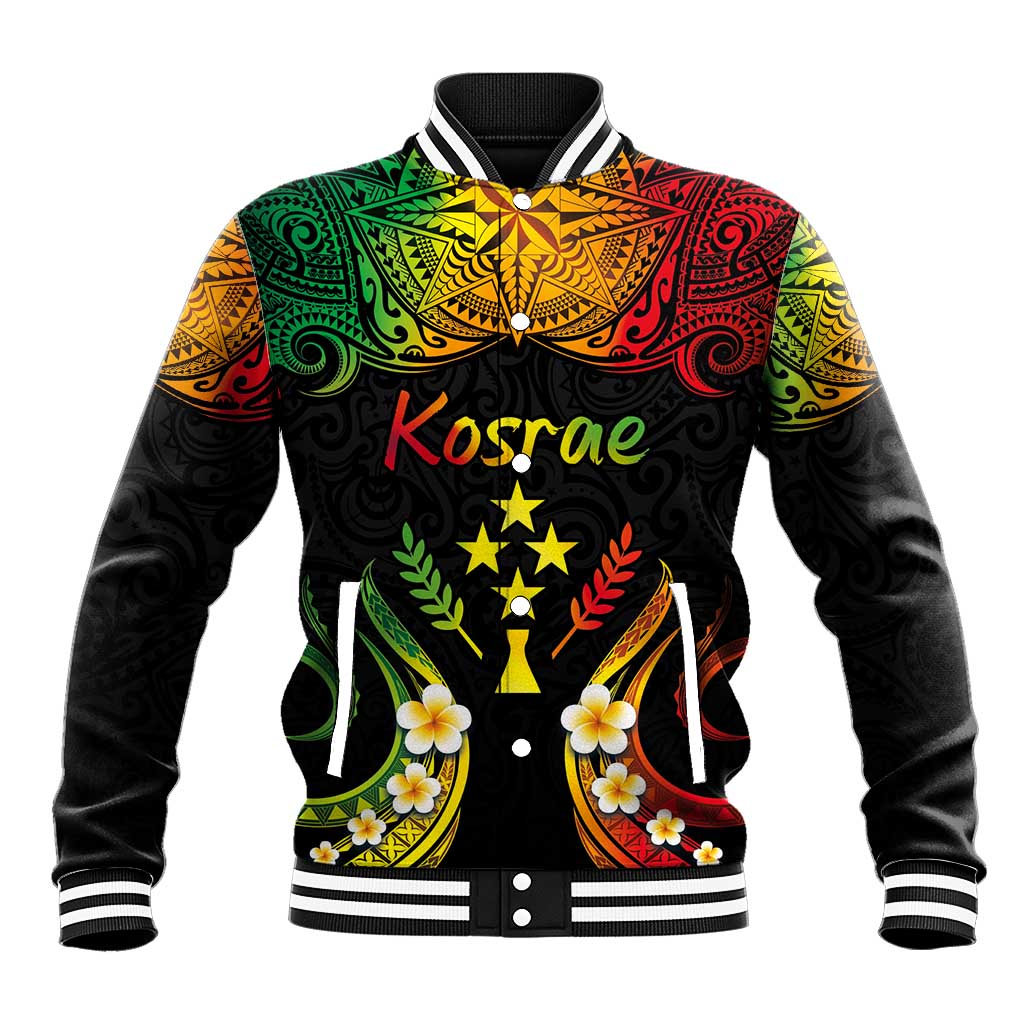 Personalised Kosrae Liberation Day Baseball Jacket Polynesian Tattoo and Plumeria Reggae Color