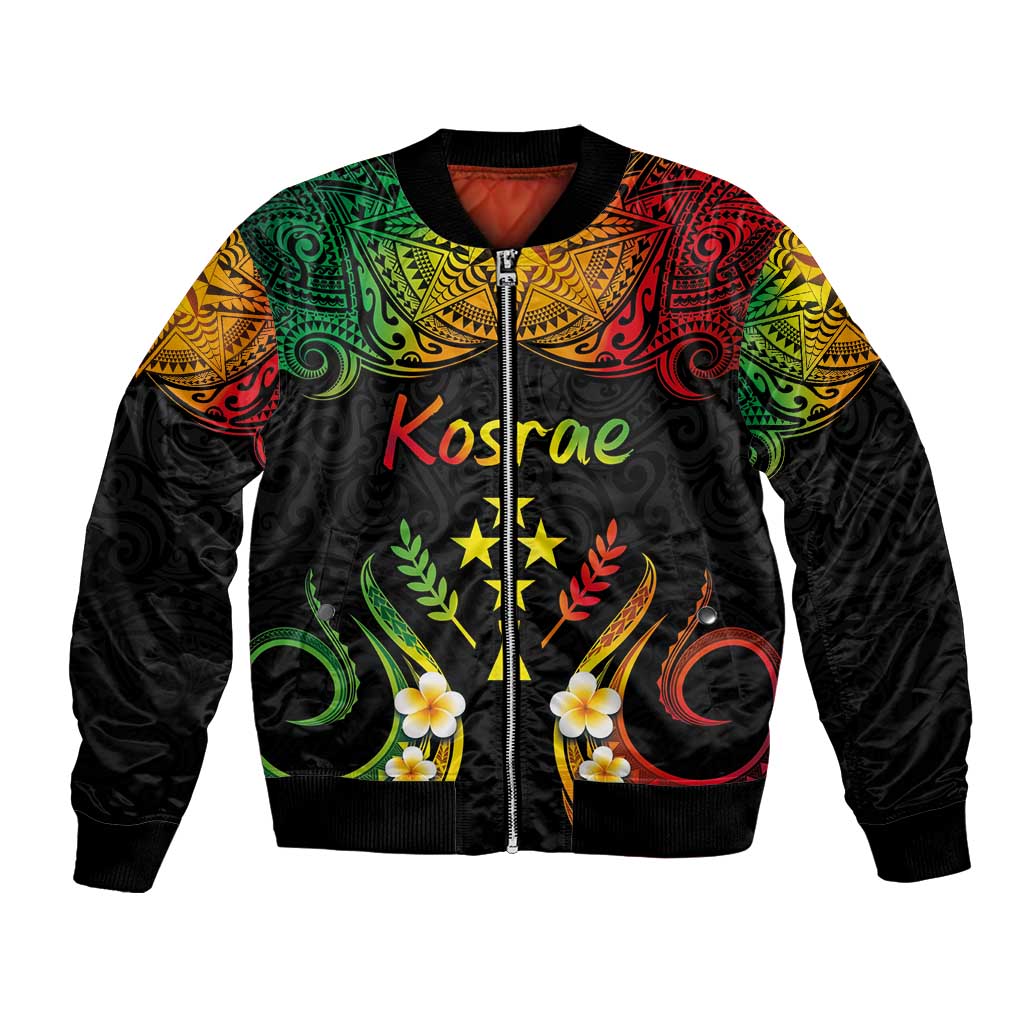 Personalised Kosrae Liberation Day Bomber Jacket Polynesian Tattoo and Plumeria Reggae Color LT03 Unisex Reggae - Polynesian Pride