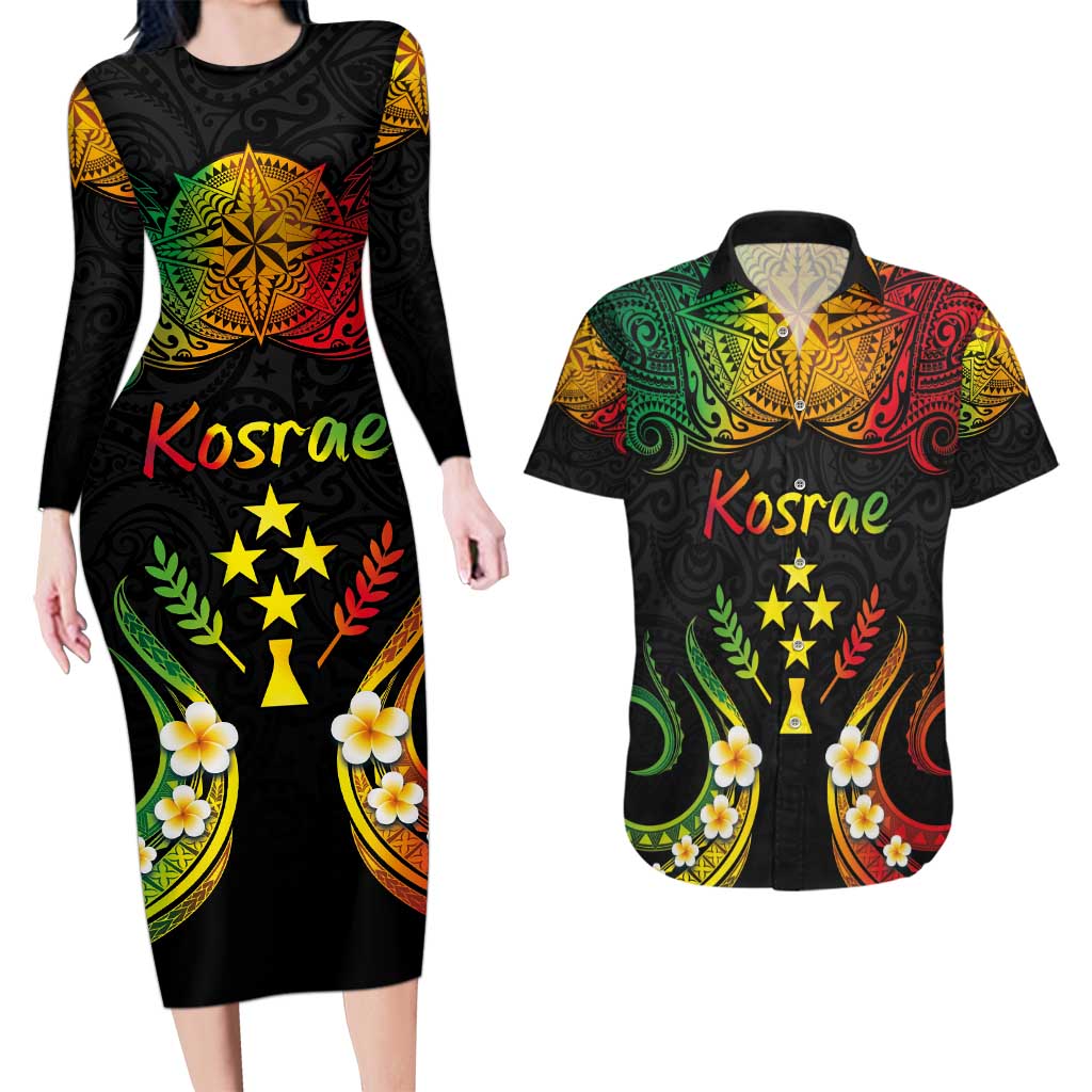 Personalised Kosrae Liberation Day Couples Matching Long Sleeve Bodycon Dress and Hawaiian Shirt Polynesian Tattoo and Plumeria Reggae Color