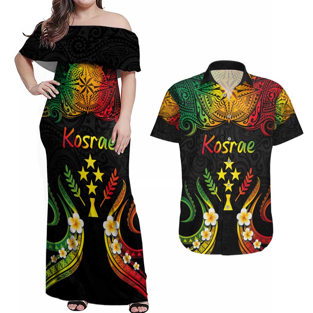 Personalised Kosrae Liberation Day Couples Matching Off Shoulder Maxi Dress and Hawaiian Shirt Polynesian Tattoo and Plumeria Reggae Color