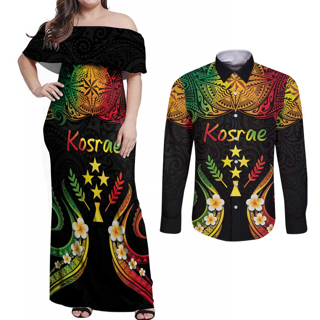 Personalised Kosrae Liberation Day Couples Matching Off Shoulder Maxi Dress and Long Sleeve Button Shirt Polynesian Tattoo and Plumeria Reggae Color