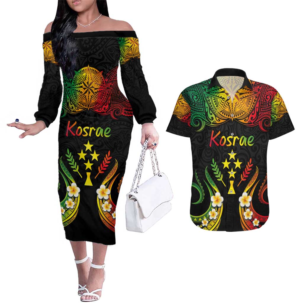 Personalised Kosrae Liberation Day Couples Matching Off The Shoulder Long Sleeve Dress and Hawaiian Shirt Polynesian Tattoo and Plumeria Reggae Color