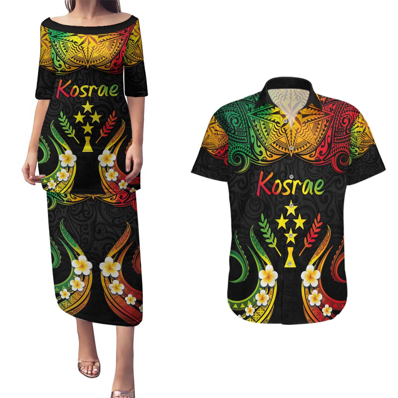 Personalised Kosrae Liberation Day Couples Matching Puletasi and Hawaiian Shirt Polynesian Tattoo and Plumeria Reggae Color