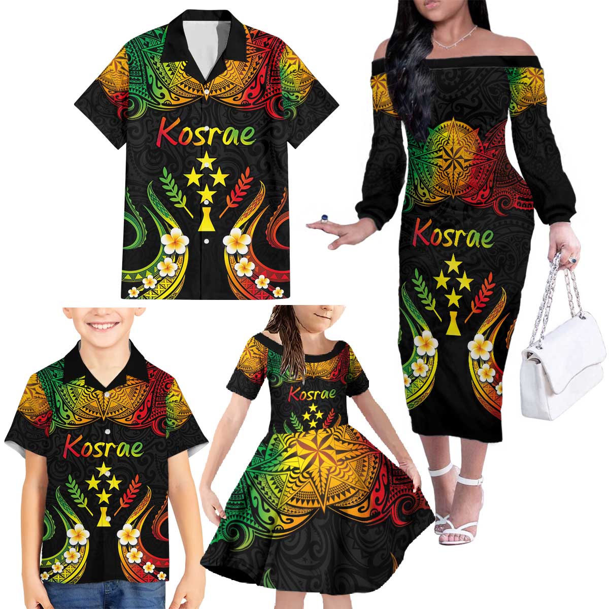 Personalised Kosrae Liberation Day Family Matching Off The Shoulder Long Sleeve Dress and Hawaiian Shirt Polynesian Tattoo and Plumeria Reggae Color