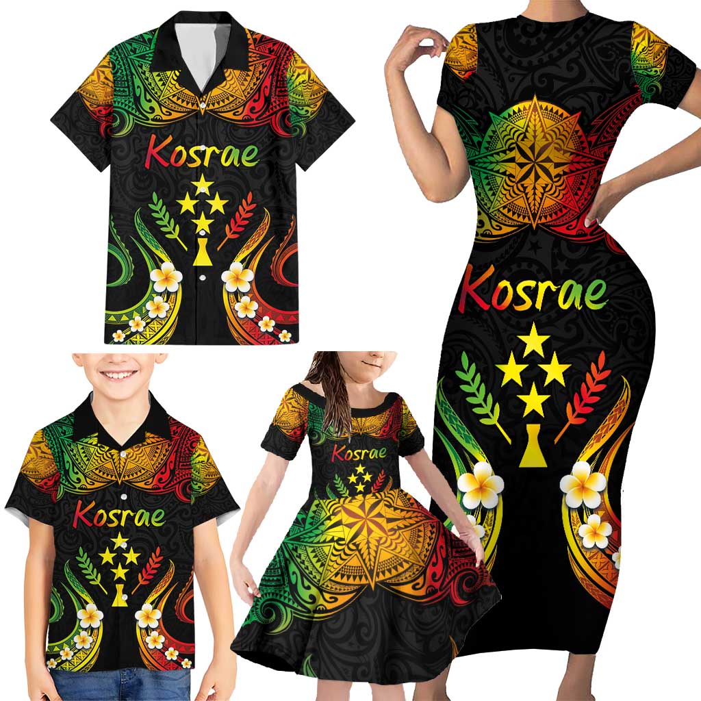 Personalised Kosrae Liberation Day Family Matching Short Sleeve Bodycon Dress and Hawaiian Shirt Polynesian Tattoo and Plumeria Reggae Color