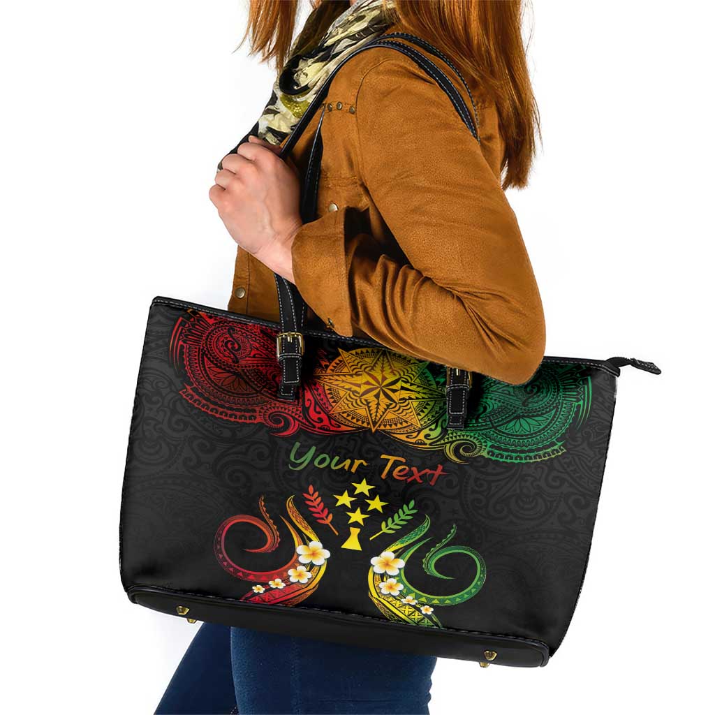 Personalised Kosrae Liberation Day Leather Tote Bag Polynesian Tattoo and Plumeria Reggae Color