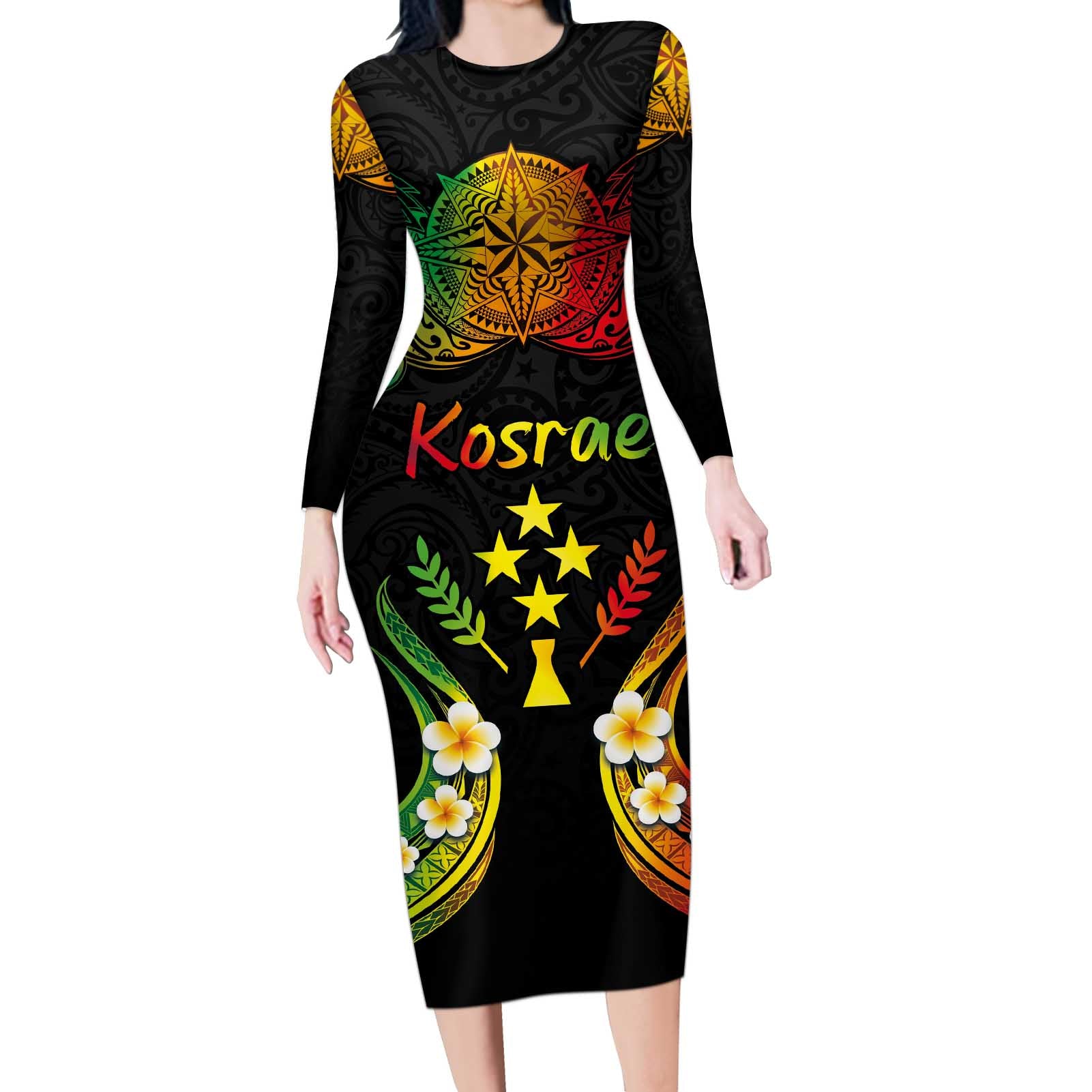 Personalised Kosrae Liberation Day Long Sleeve Bodycon Dress Polynesian Tattoo and Plumeria Reggae Color