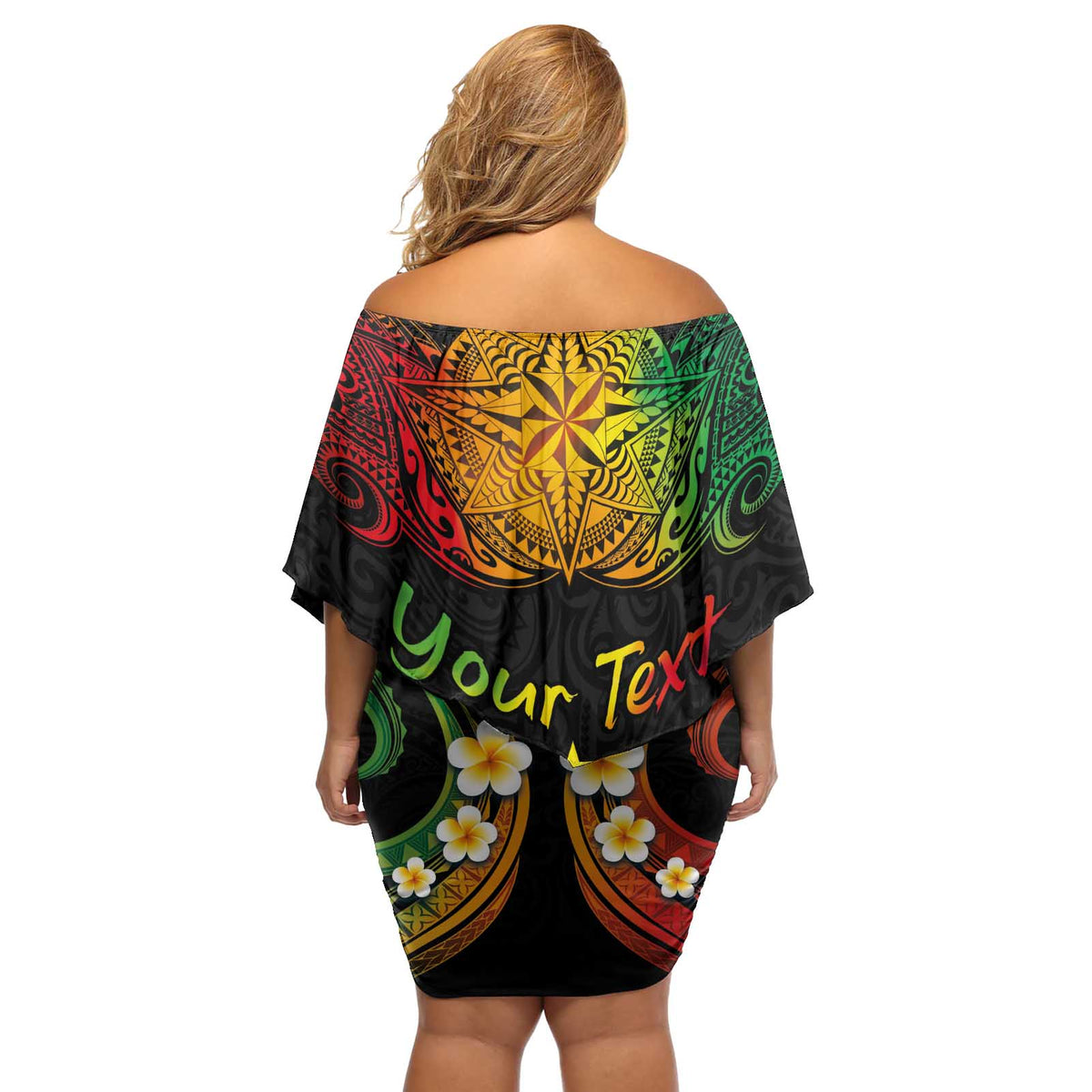Personalised Kosrae Liberation Day Off Shoulder Short Dress Polynesian Tattoo and Plumeria Reggae Color LT03 - Polynesian Pride