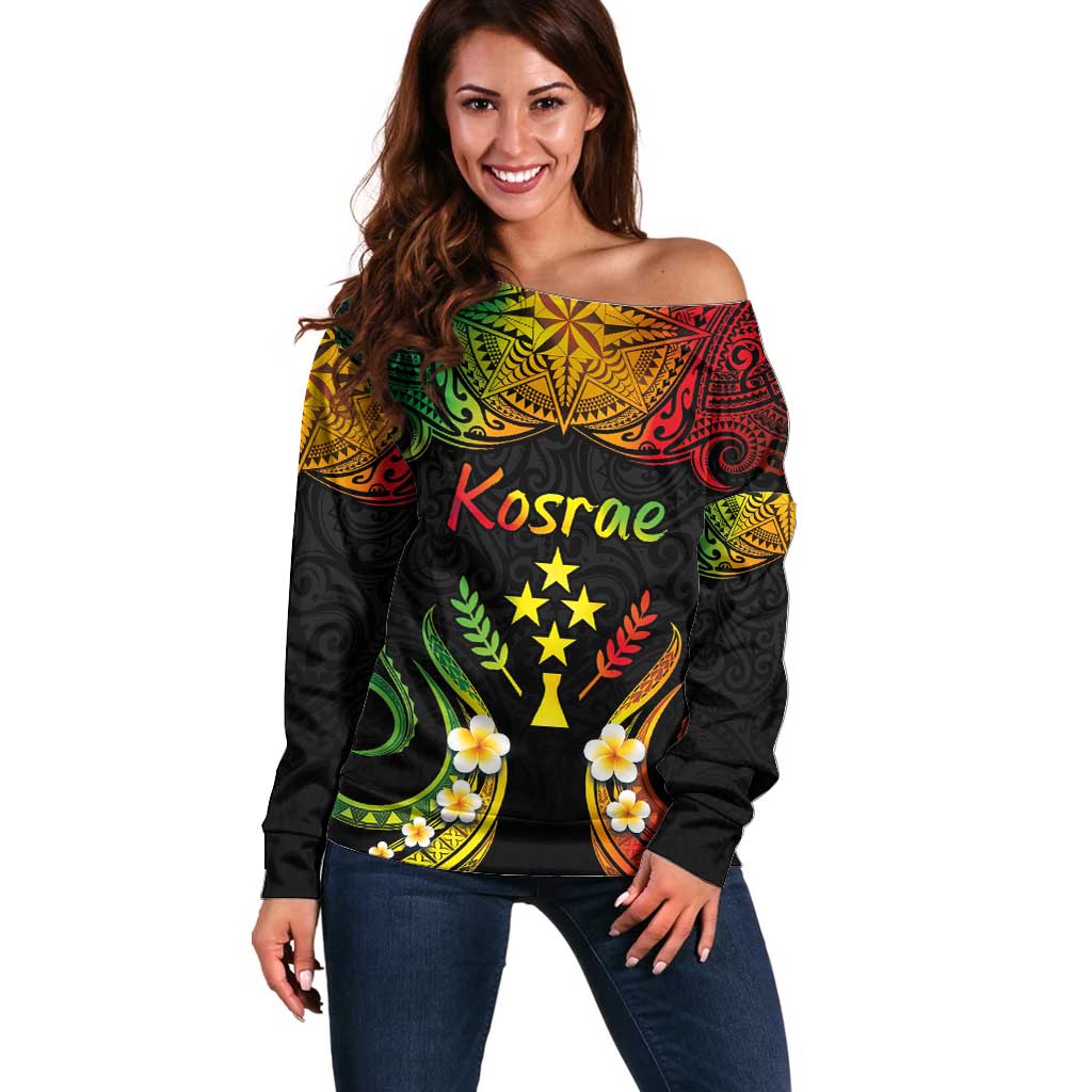 Personalised Kosrae Liberation Day Off Shoulder Sweater Polynesian Tattoo and Plumeria Reggae Color LT03 Women Reggae - Polynesian Pride