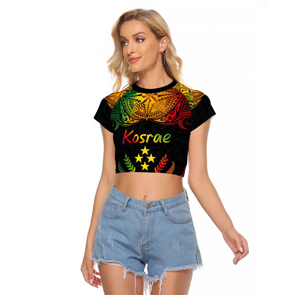 Personalised Kosrae Liberation Day Raglan Cropped T Shirt Polynesian Tattoo and Plumeria Reggae Color