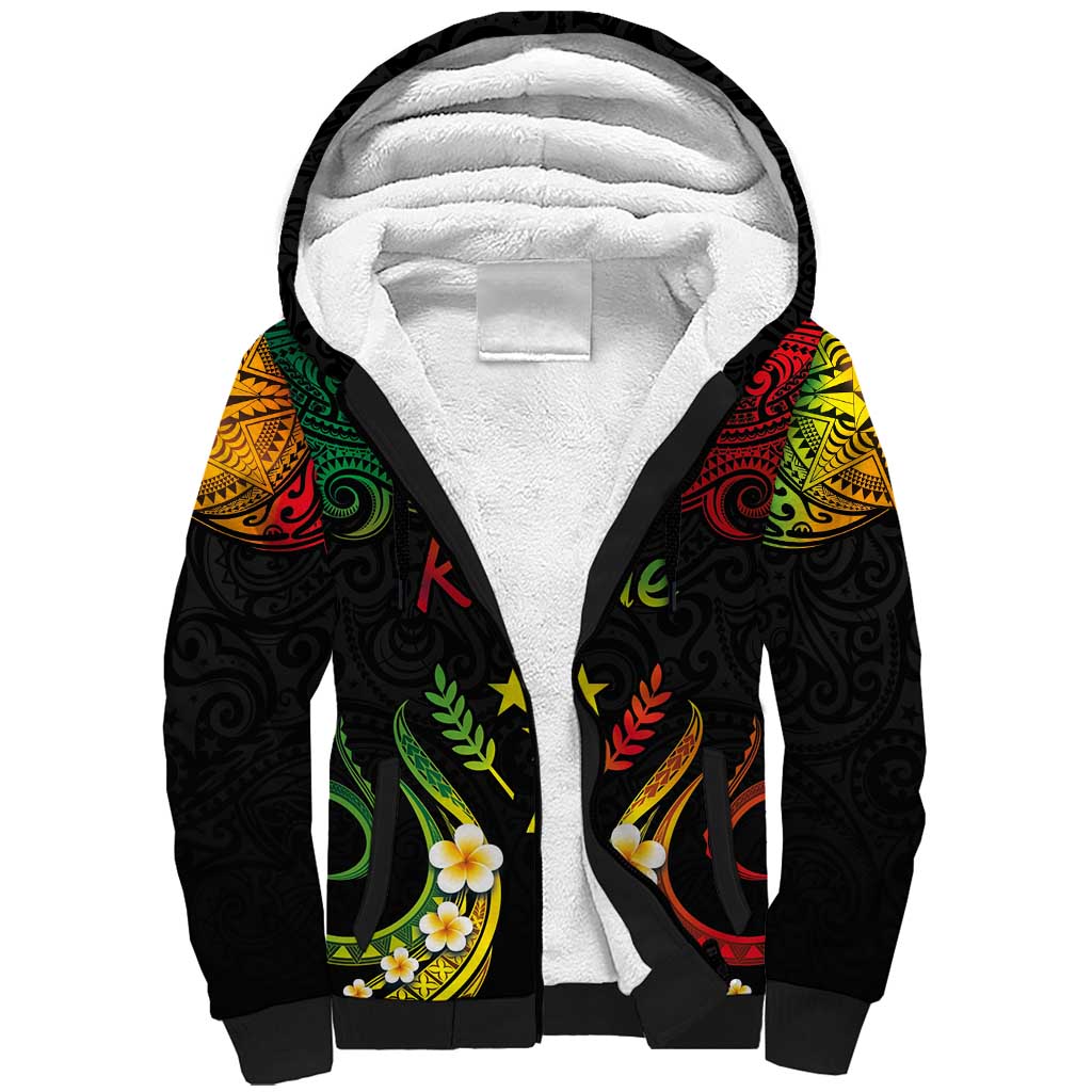 Personalised Kosrae Liberation Day Sherpa Hoodie Polynesian Tattoo and Plumeria Reggae Color