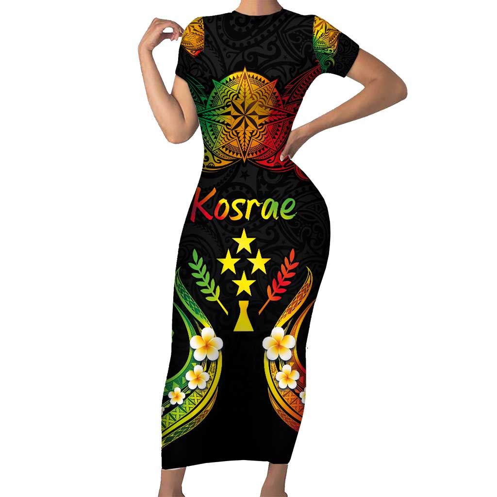 Personalised Kosrae Liberation Day Short Sleeve Bodycon Dress Polynesian Tattoo and Plumeria Reggae Color