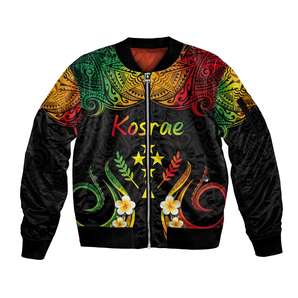 Personalised Kosrae Liberation Day Sleeve Zip Bomber Jacket Polynesian Tattoo and Plumeria Reggae Color LT03 Unisex Reggae - Polynesian Pride