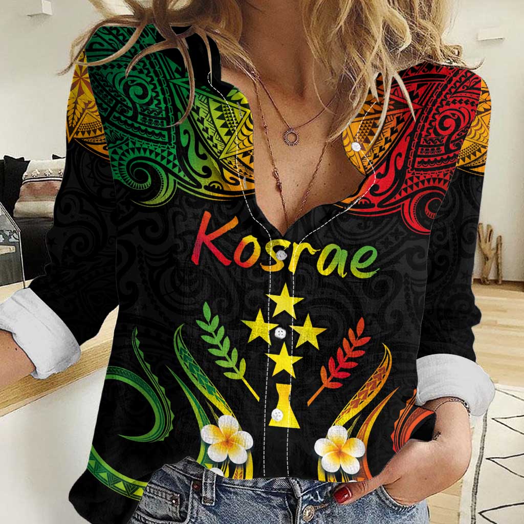 Personalised Kosrae Liberation Day Women Casual Shirt Polynesian Tattoo and Plumeria Reggae Color