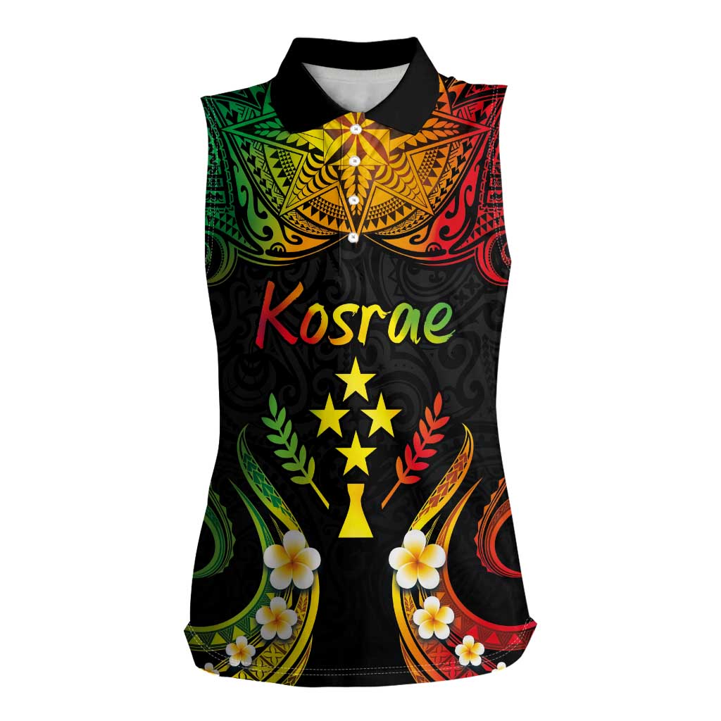 Personalised Kosrae Liberation Day Women Sleeveless Polo Shirt Polynesian Tattoo and Plumeria Reggae Color