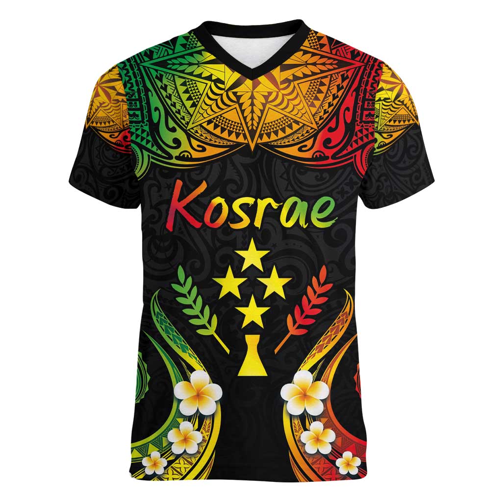 Personalised Kosrae Liberation Day Women V-Neck T-Shirt Polynesian Tattoo and Plumeria Reggae Color