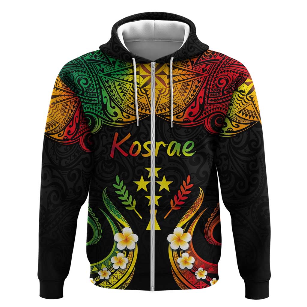 Personalised Kosrae Liberation Day Zip Hoodie Polynesian Tattoo and Plumeria Reggae Color