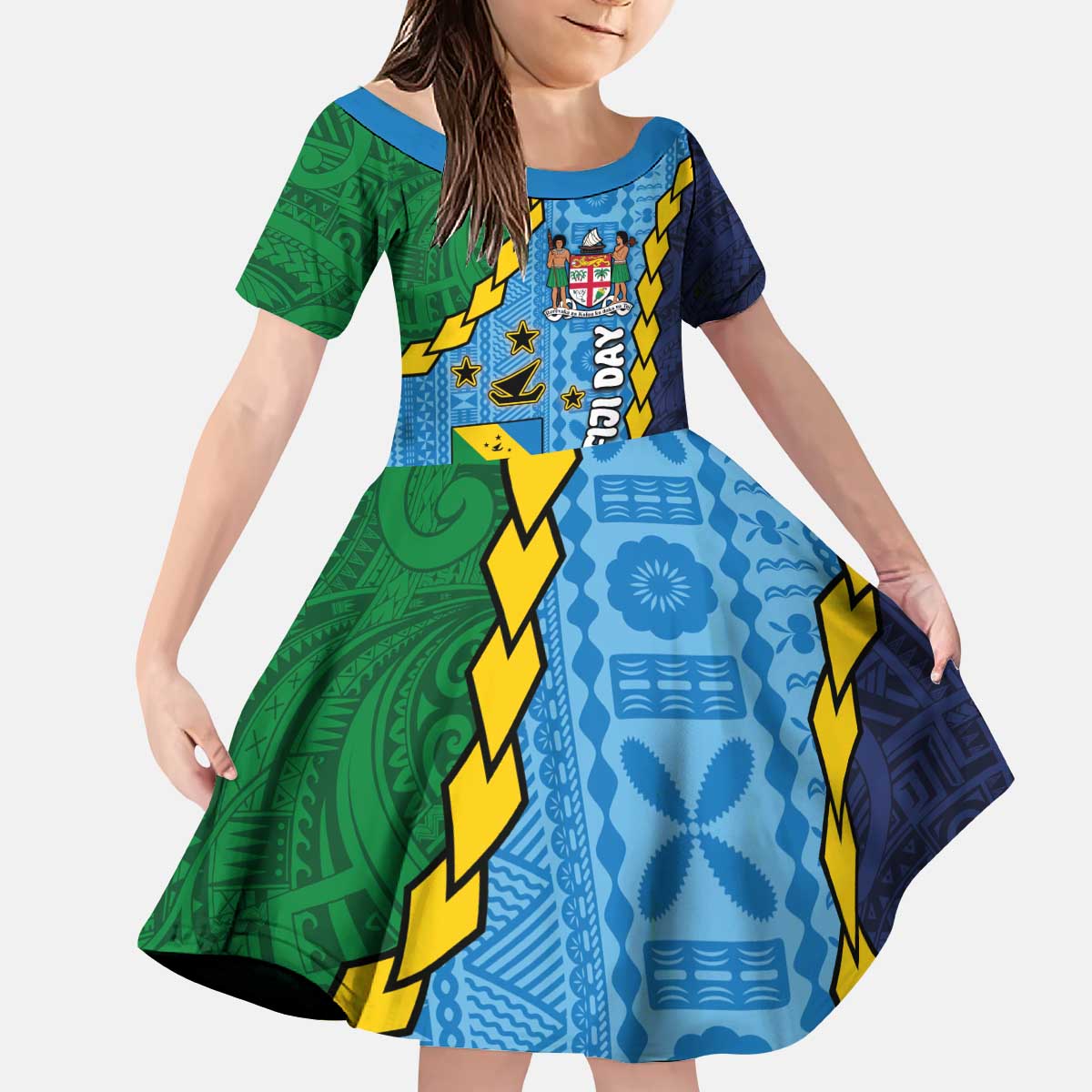 Malampa Fiji Day Kid Short Sleeve Dress National Symbols with Tapa Tribal and Polynesian Tattoo LT03 KID Blue - Polynesian Pride