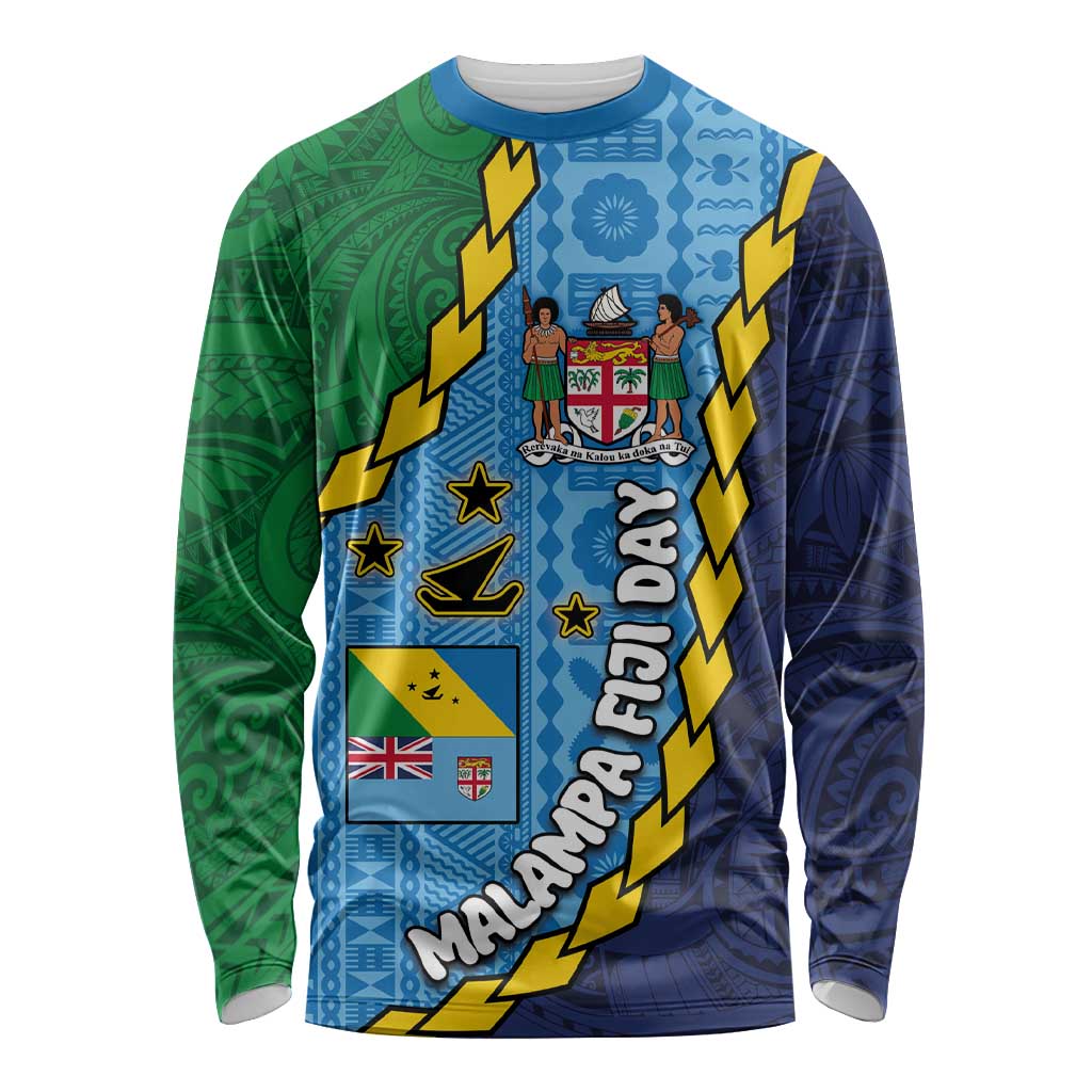 Malampa Fiji Day Long Sleeve Shirt National Symbols with Tapa Tribal and Polynesian Tattoo LT03 Unisex Blue - Polynesian Pride
