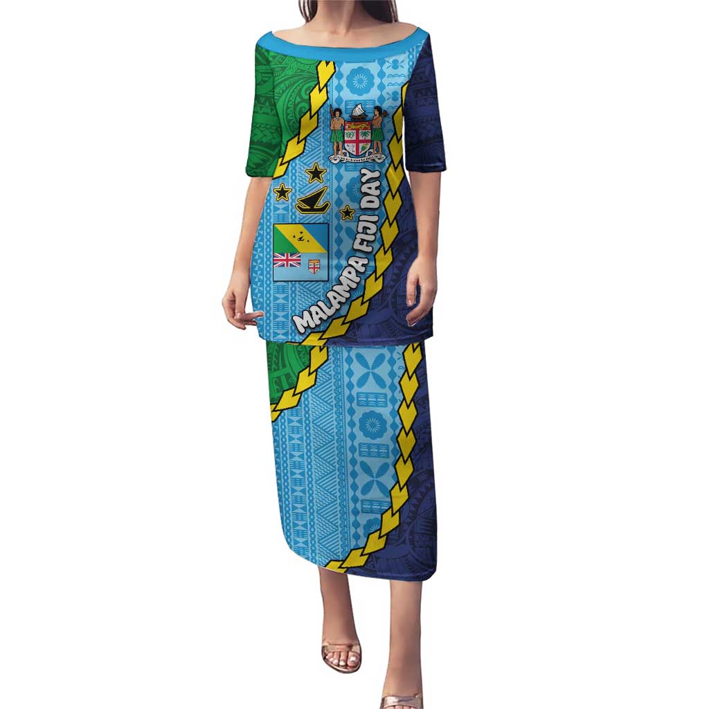 Malampa Fiji Day Puletasi National Symbols with Tapa Tribal and Polynesian Tattoo LT03 Long Dress Blue - Polynesian Pride