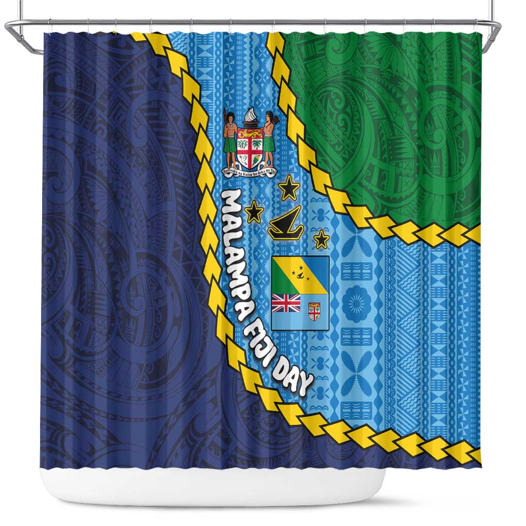 Malampa Fiji Day Shower Curtain National Symbols with Tapa Tribal and Polynesian Tattoo LT03 Blue - Polynesian Pride
